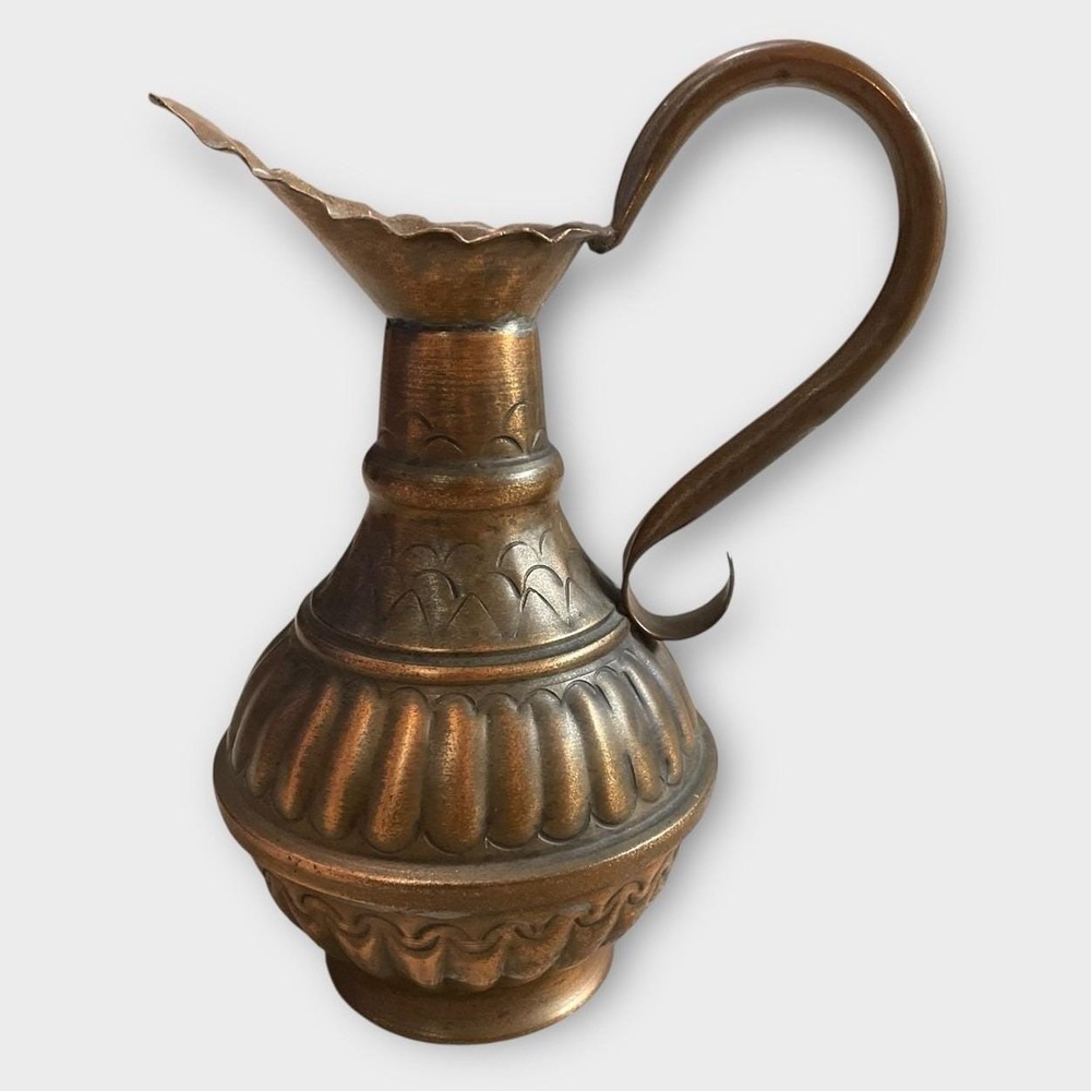 Antique Egyptian Hand‎ Hammered Ornate Copper Pitcher Rustic Patina Collectible